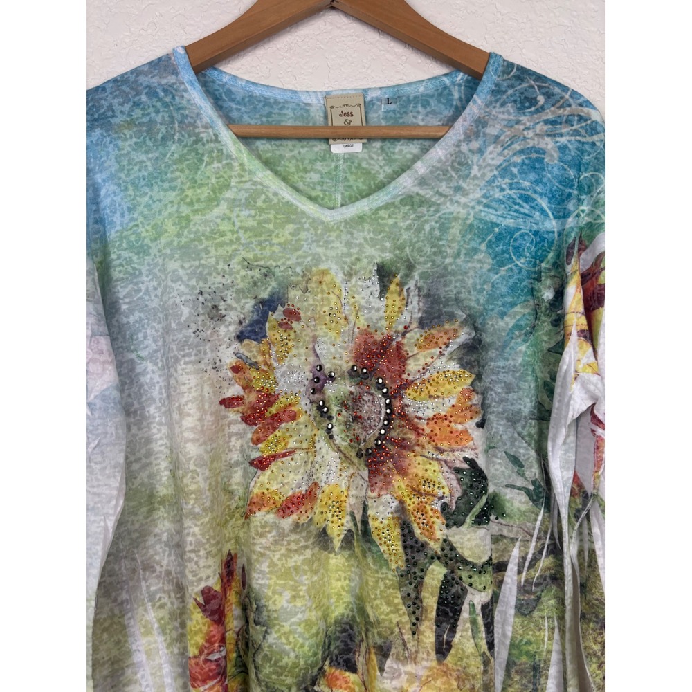 Jess & Jane Sunflower Rhinestone Sharkbite Tunic Top Sz Large Blue Green Boho - Picture 8 of 8